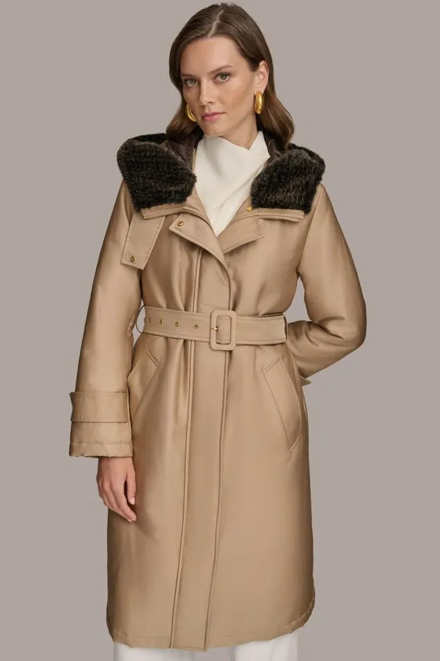 Women Donna Karan Coats And Jackets FAUX FUR TRIM LINED RAIN COAT Khaki