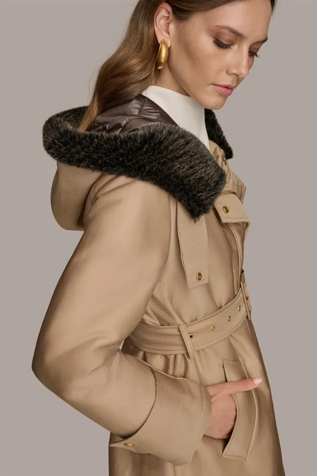 Women Donna Karan Coats And Jackets FAUX FUR TRIM LINED RAIN COAT Khaki