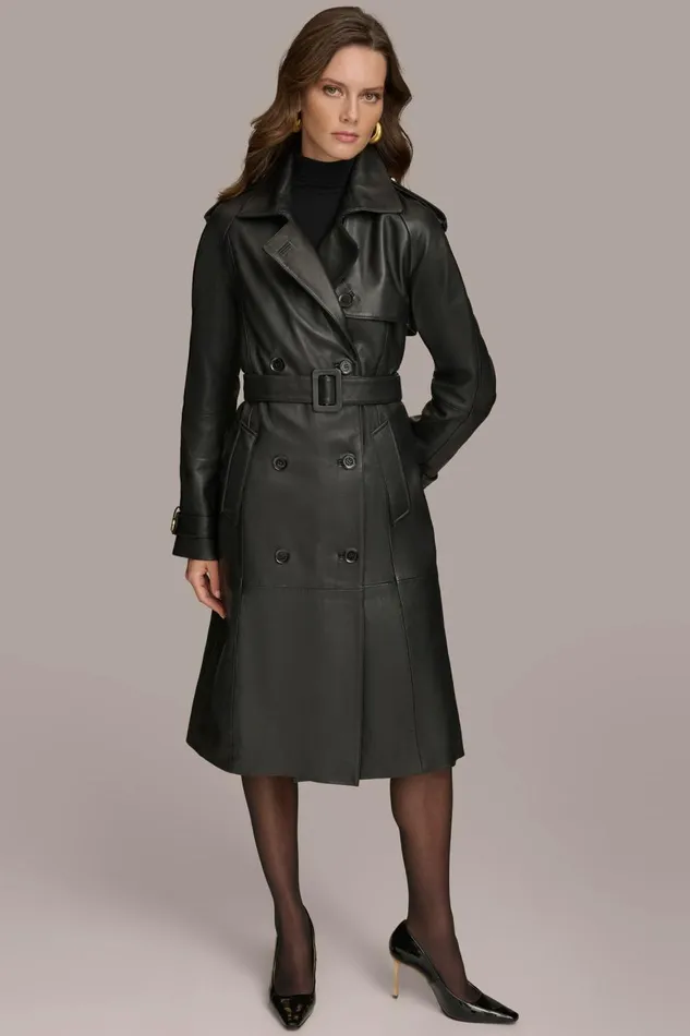 Women Donna Karan Coats And Jackets LONG LEATHER COAT Black