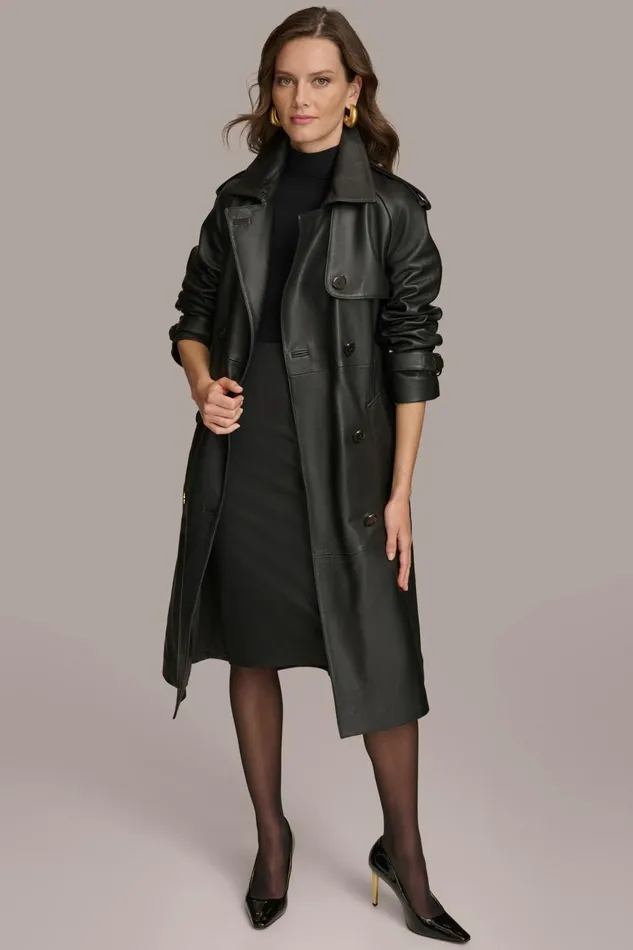Women Donna Karan Coats And Jackets LONG LEATHER COAT Black