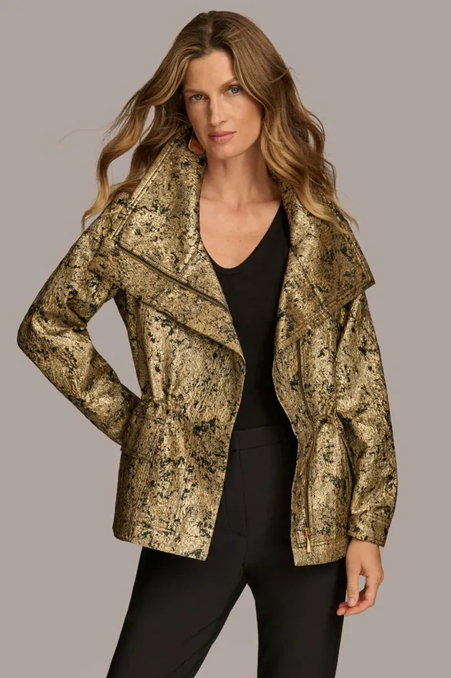 Women Donna Karan Coats And Jackets METALLIC JACQUARD ZIP FRONT JACKET Blackgold Combo