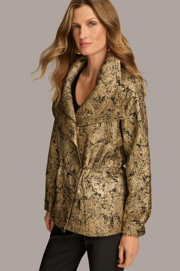 Women Donna Karan Coats And Jackets METALLIC JACQUARD ZIP FRONT JACKET Blackgold Combo