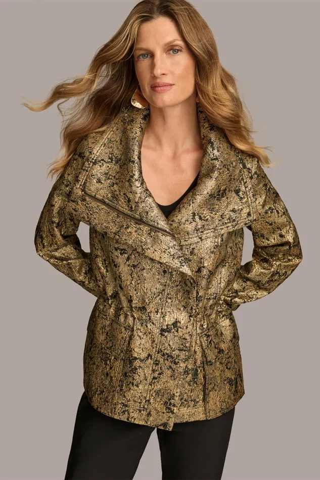 Women Donna Karan Coats And Jackets METALLIC JACQUARD ZIP FRONT JACKET Blackgold Combo