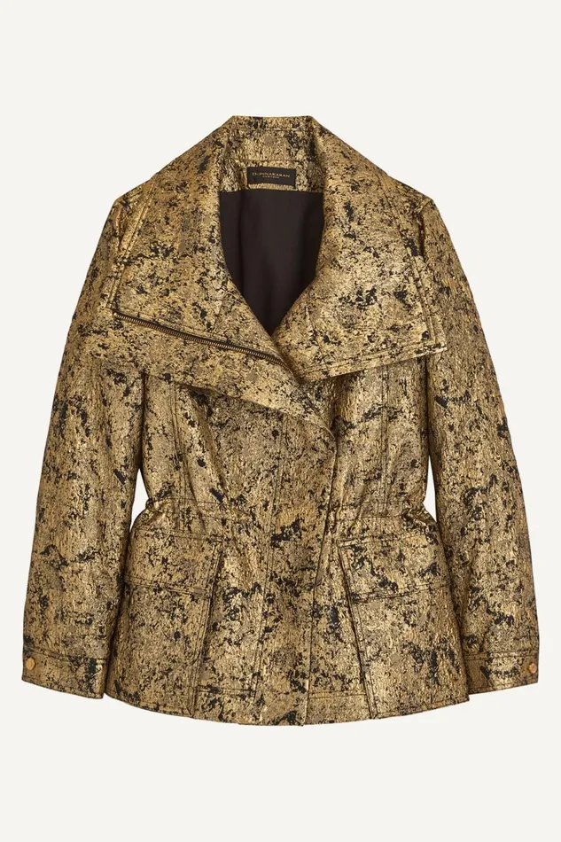 Women Donna Karan Coats And Jackets METALLIC JACQUARD ZIP FRONT JACKET Blackgold Combo