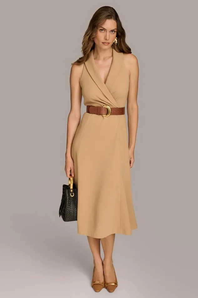 Women Donna Karan Dresses And Jumpsuits CREPE FIT AND FLARE DRESS WITH BELT Fawn Women Donna Karan Dresses And Jumpsuits CREPE FIT AND FLARE DRESS WITH BELT Fawn