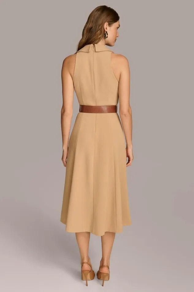 Women Donna Karan Dresses And Jumpsuits CREPE FIT AND FLARE DRESS WITH BELT Fawn