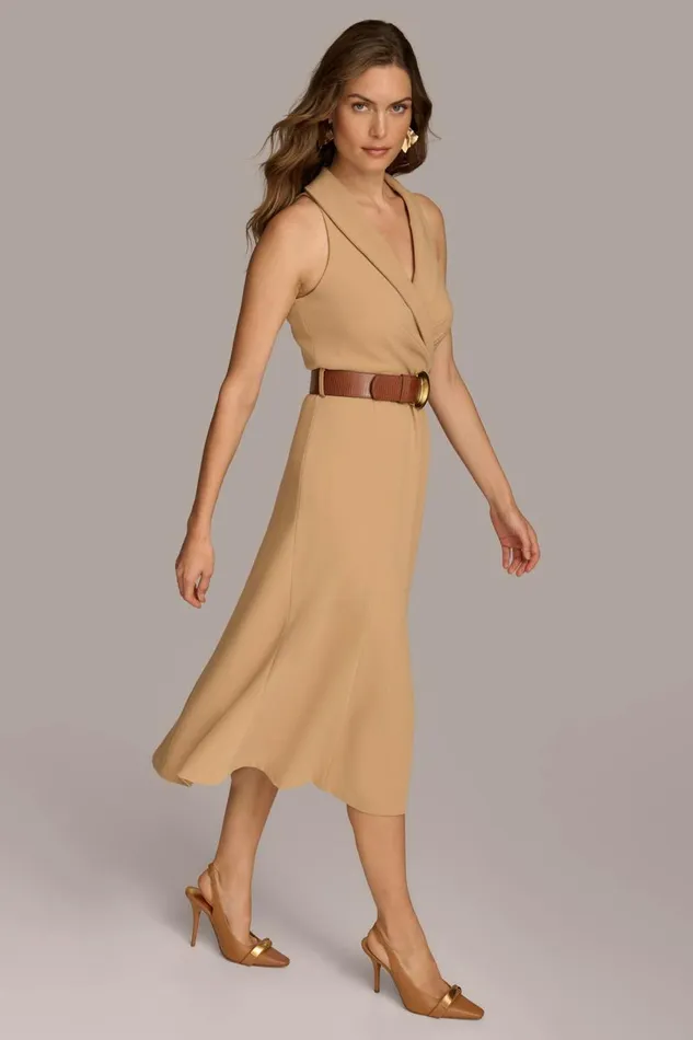 Women Donna Karan Dresses And Jumpsuits CREPE FIT AND FLARE DRESS WITH BELT Fawn