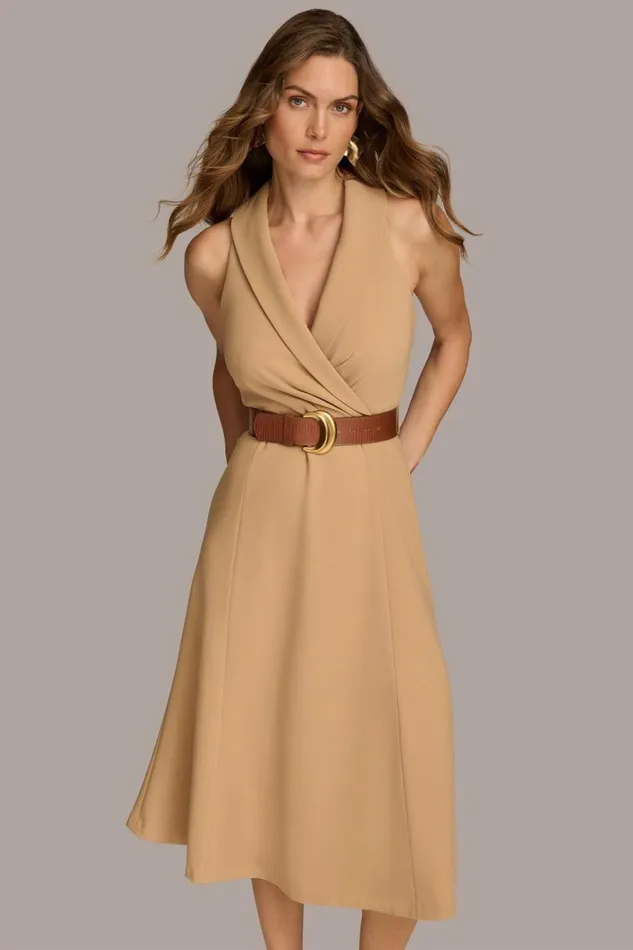 Women Donna Karan Dresses And Jumpsuits CREPE FIT AND FLARE DRESS WITH BELT Fawn