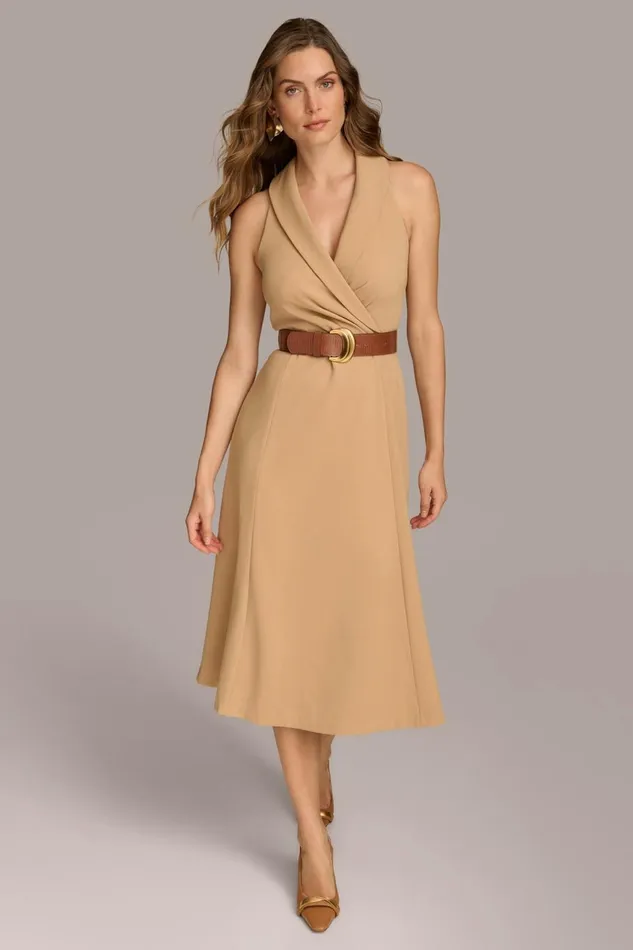 Women Donna Karan Dresses And Jumpsuits CREPE FIT AND FLARE DRESS WITH BELT Fawn