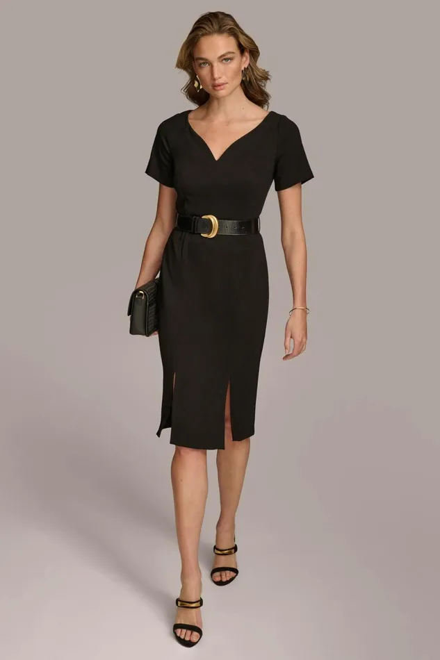 Women Donna Karan Dresses And Jumpsuits CREPE VNECK DRESS WITH BELT Black