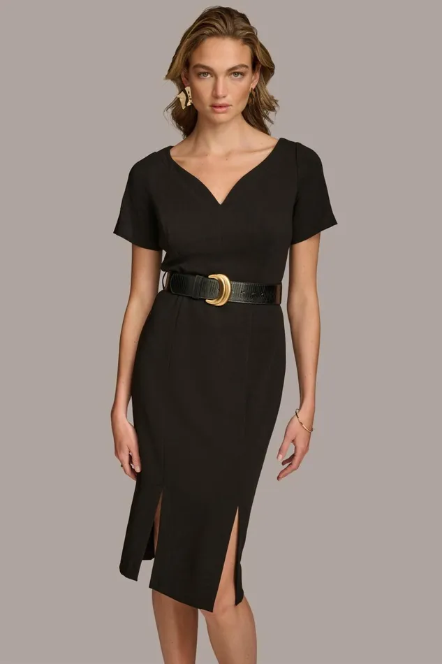 Women Donna Karan Dresses And Jumpsuits CREPE VNECK DRESS WITH BELT Black
