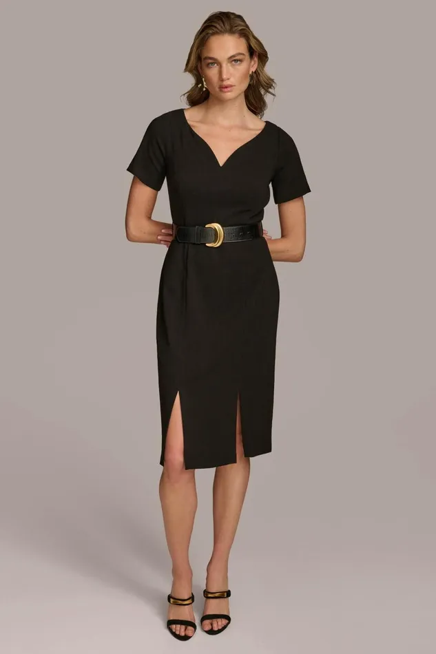 Women Donna Karan Dresses And Jumpsuits CREPE VNECK DRESS WITH BELT Black