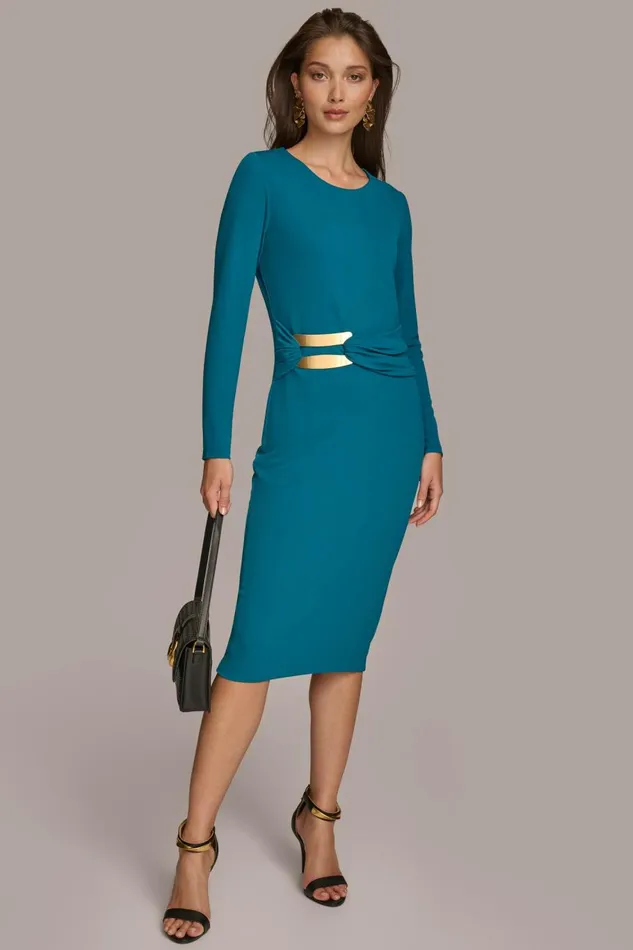 Women Donna Karan Dresses And Jumpsuits FITTED MIDI DRESS WITH BRUSHED HARDWARE DETAIL Empire Teal Women Donna Karan Dresses And Jumpsuits FITTED MIDI DRESS WITH BRUSHED HARDWARE DETAIL Empire Teal