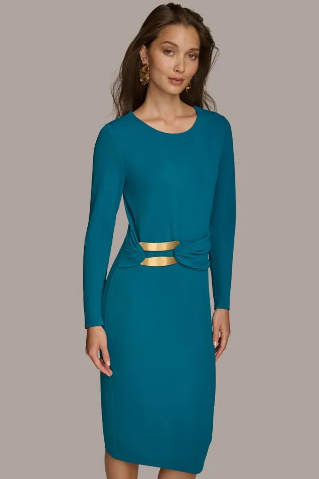 Women Donna Karan Dresses And Jumpsuits FITTED MIDI DRESS WITH BRUSHED HARDWARE DETAIL Empire Teal
