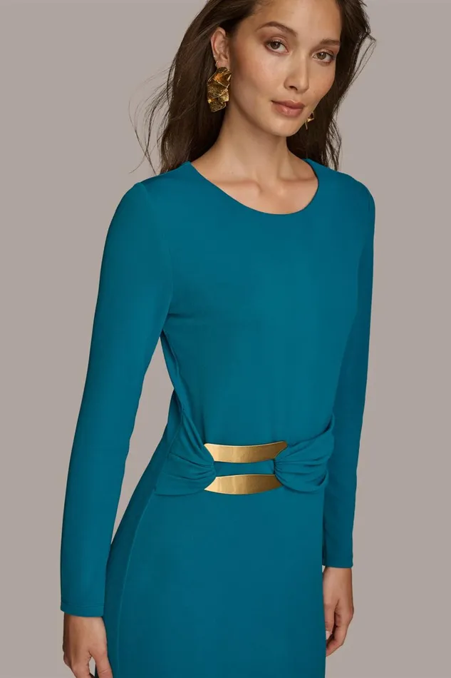 Women Donna Karan Dresses And Jumpsuits FITTED MIDI DRESS WITH BRUSHED HARDWARE DETAIL Empire Teal