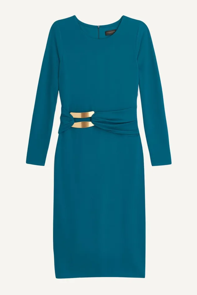 Women Donna Karan Dresses And Jumpsuits FITTED MIDI DRESS WITH BRUSHED HARDWARE DETAIL Empire Teal