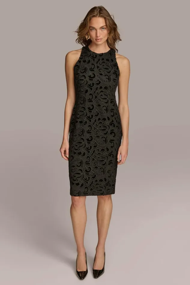 Women Donna Karan Dresses And Jumpsuits LACE VELVET BURNOUT SHEATH DRESS Black