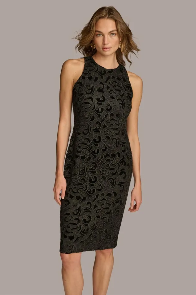 Women Donna Karan Dresses And Jumpsuits LACE VELVET BURNOUT SHEATH DRESS Black