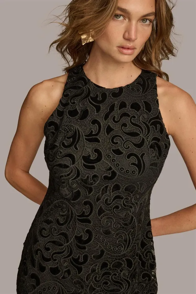 Women Donna Karan Dresses And Jumpsuits LACE VELVET BURNOUT SHEATH DRESS Black