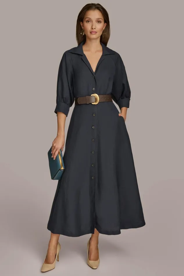 Women Donna Karan Dresses And Jumpsuits LINEN MIDI SHIRT DRESS Nightfall