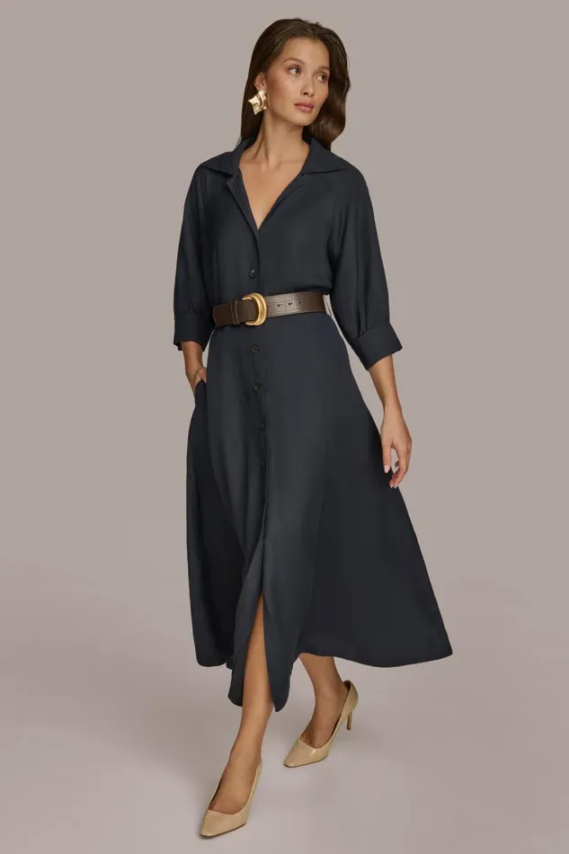 Women Donna Karan Dresses And Jumpsuits LINEN MIDI SHIRT DRESS Nightfall