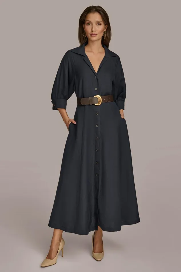 Women Donna Karan Dresses And Jumpsuits LINEN MIDI SHIRT DRESS Nightfall