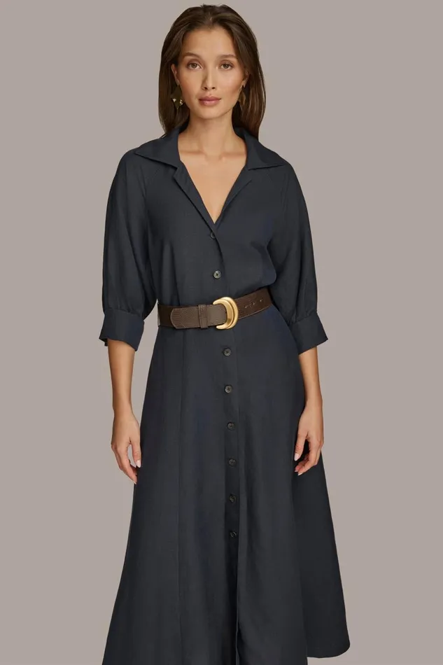 Women Donna Karan Dresses And Jumpsuits LINEN MIDI SHIRT DRESS Nightfall