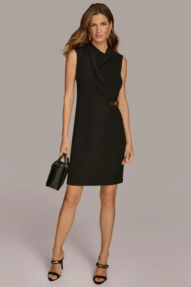 Women Donna Karan Dresses And Jumpsuits MOCK NECK DRESS WITH SIDE BELT Black