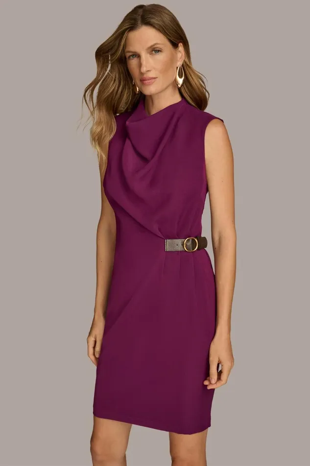 Women Donna Karan Dresses And Jumpsuits MOCK NECK DRESS WITH SIDE BELT Elderberry