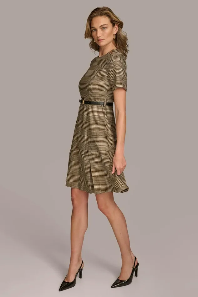 Women Donna Karan Dresses And Jumpsuits PLEATED PLAID DRESS WITH BELT Blackfawngold