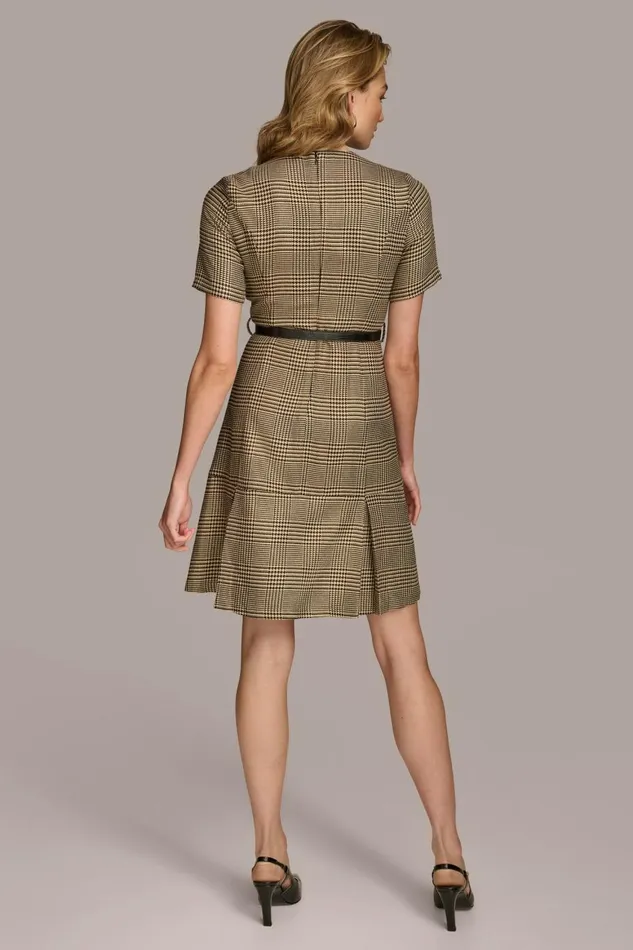 Women Donna Karan Dresses And Jumpsuits PLEATED PLAID DRESS WITH BELT Blackfawngold