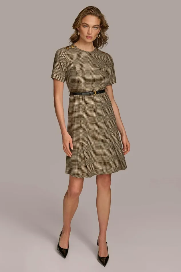 Women Donna Karan Dresses And Jumpsuits PLEATED PLAID DRESS WITH BELT Blackfawngold