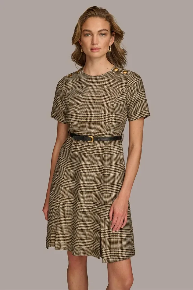 Women Donna Karan Dresses And Jumpsuits PLEATED PLAID DRESS WITH BELT Blackfawngold