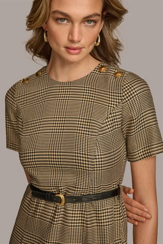 Women Donna Karan Dresses And Jumpsuits PLEATED PLAID DRESS WITH BELT Blackfawngold