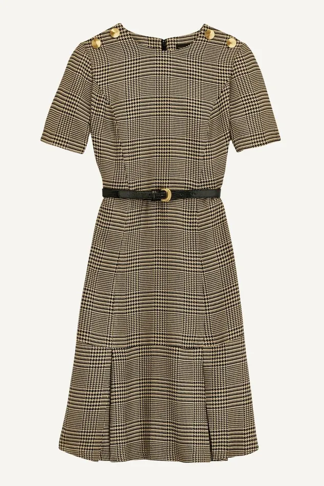 Women Donna Karan Dresses And Jumpsuits PLEATED PLAID DRESS WITH BELT Blackfawngold