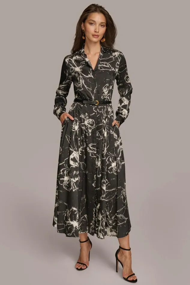 Women Donna Karan Dresses And Jumpsuits PRINTED SHIRT DRESS WITH BELT Black