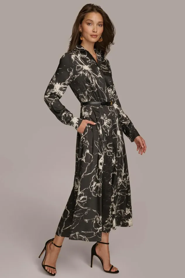 Women Donna Karan Dresses And Jumpsuits PRINTED SHIRT DRESS WITH BELT Black
