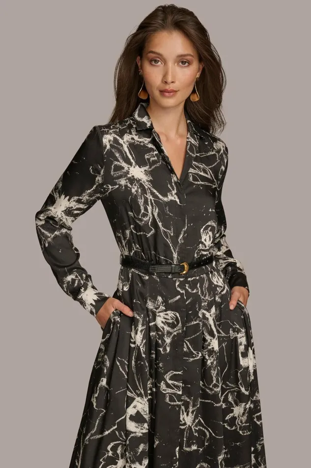 Women Donna Karan Dresses And Jumpsuits PRINTED SHIRT DRESS WITH BELT Black