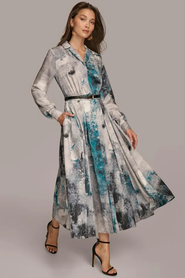 Women Donna Karan Dresses And Jumpsuits PRINTED SHIRT DRESS WITH BELT Peacock Multi