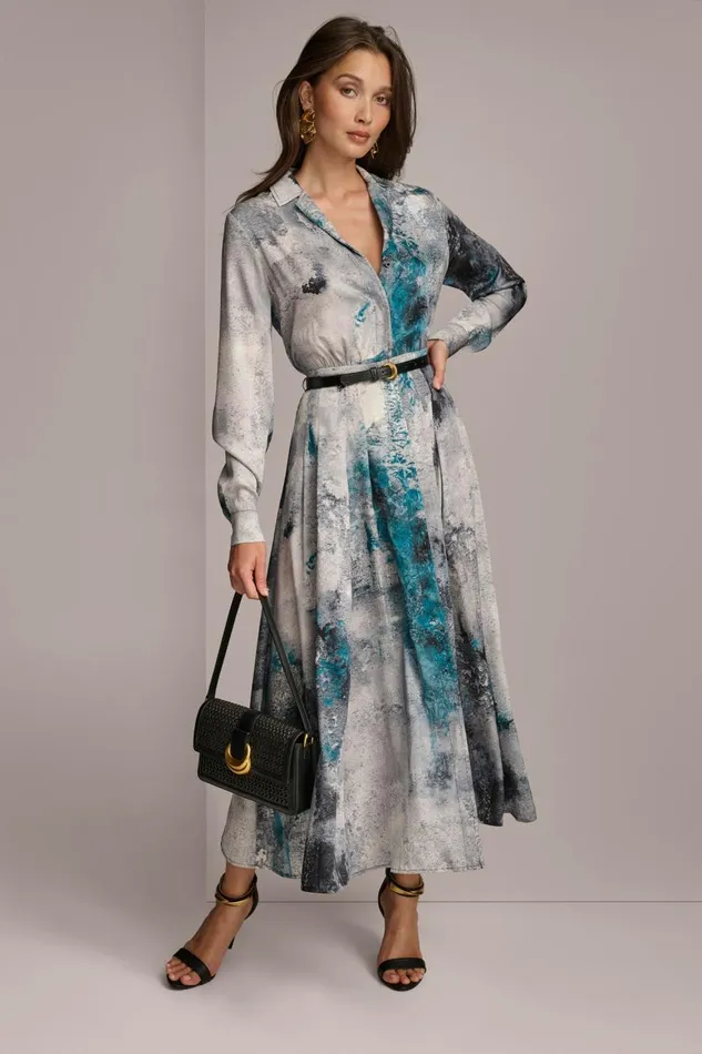 Women Donna Karan Dresses And Jumpsuits PRINTED SHIRT DRESS WITH BELT Peacock Multi