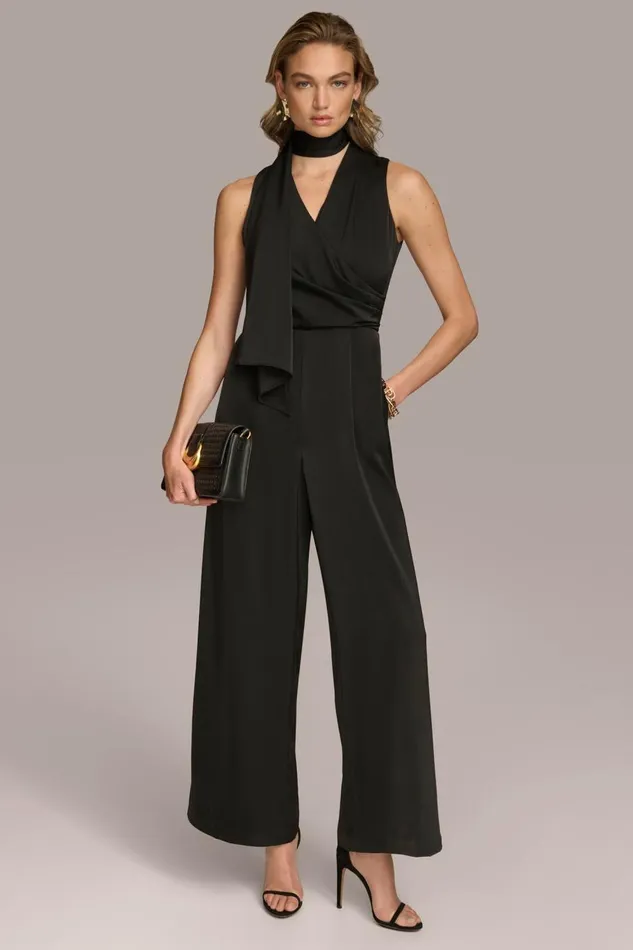 Women Donna Karan Dresses And Jumpsuits SATIN V NECK JUMPSUIT Black
