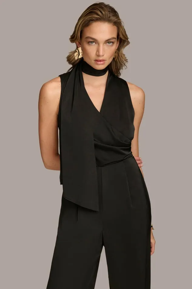 Women Donna Karan Dresses And Jumpsuits SATIN V NECK JUMPSUIT Black