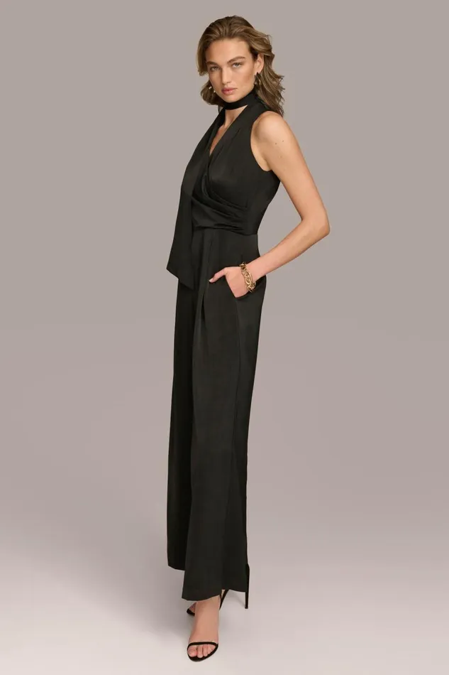 Women Donna Karan Dresses And Jumpsuits SATIN V NECK JUMPSUIT Black