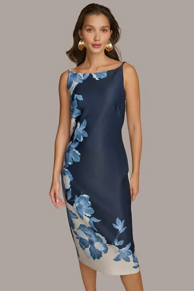 Women Donna Karan Dresses And Jumpsuits SCUBA FLORAL PLACEMENT PRINT MIDI DRESS Nightfall Multi