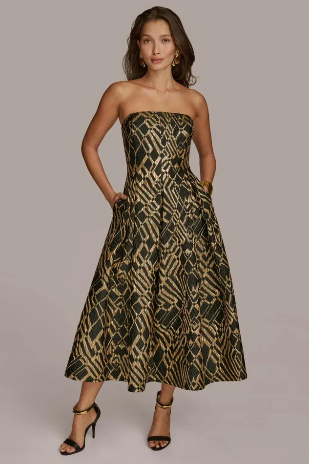 Women Donna Karan Dresses And Jumpsuits STRAPLESS FIT AND FLARE DRESS Blacksand Multi Women Donna Karan Dresses And Jumpsuits STRAPLESS FIT AND FLARE DRESS Blacksand Multi