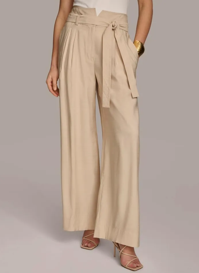 Women Donna Karan Pants HIGH WAIST WIDE LEG Sand