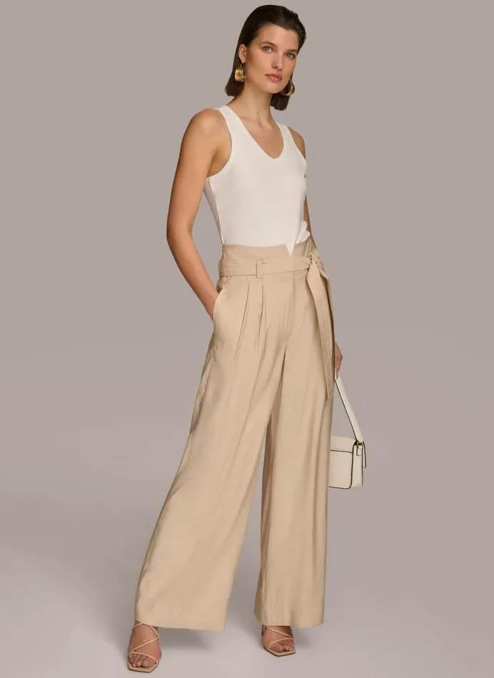 Women Donna Karan Pants HIGH WAIST WIDE LEG Sand