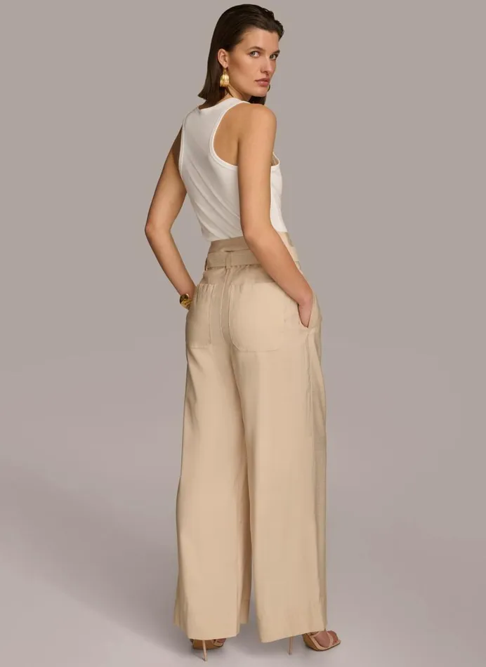 Women Donna Karan Pants HIGH WAIST WIDE LEG Sand