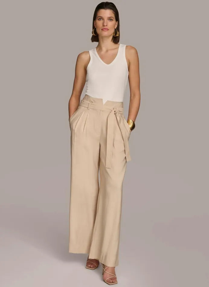 Women Donna Karan Pants HIGH WAIST WIDE LEG Sand
