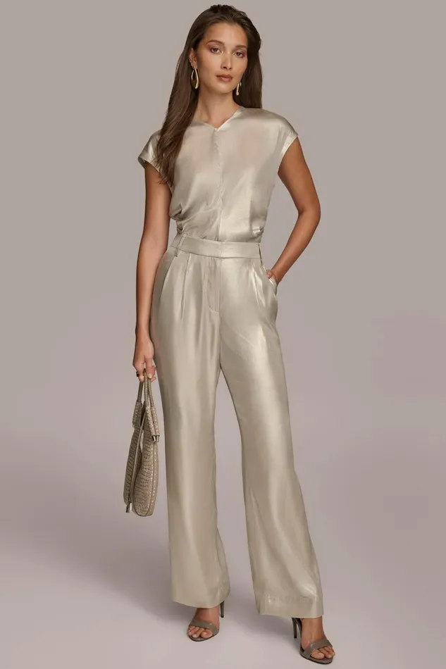 Women Donna Karan Pants NOVELTY PLEATED WIDE LEG TROUSER Silver